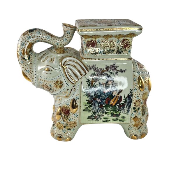 Vintage Satsuma Porcelain Elephant Plant Stand With Asian Design - Picture 5 of 10